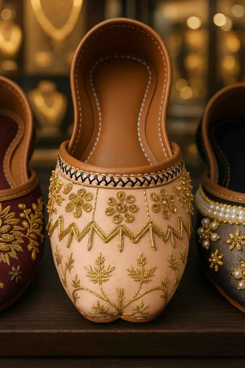 Handmade Traditional Khussa Shoes for Women – Peach with Golden Embroidery