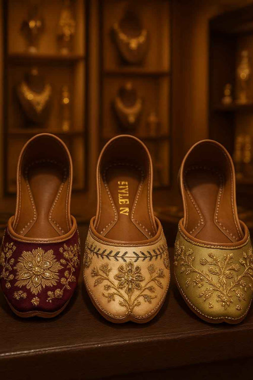 Handmade Traditional Khussa Shoes for Women – Peach with Golden Embroidery