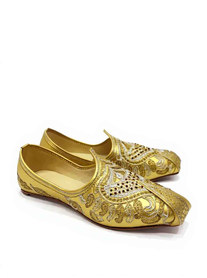 Golden Embroidered Mojari Shoes for Women and Mens